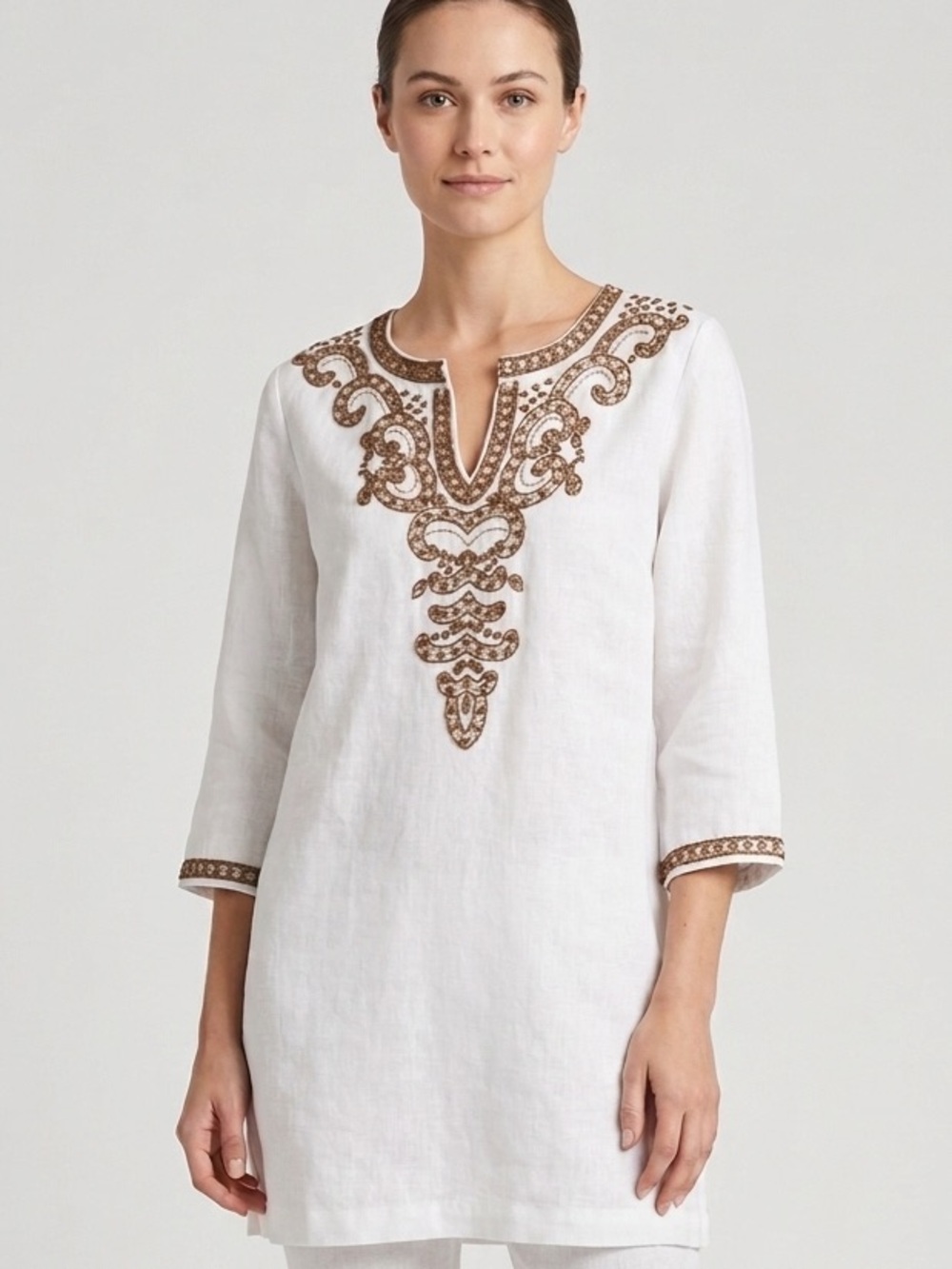 Chico’s White Linen Tunic Top Blouse M Beaded Embellished 3/4 Sleeve Boho - Picture 1 of 12